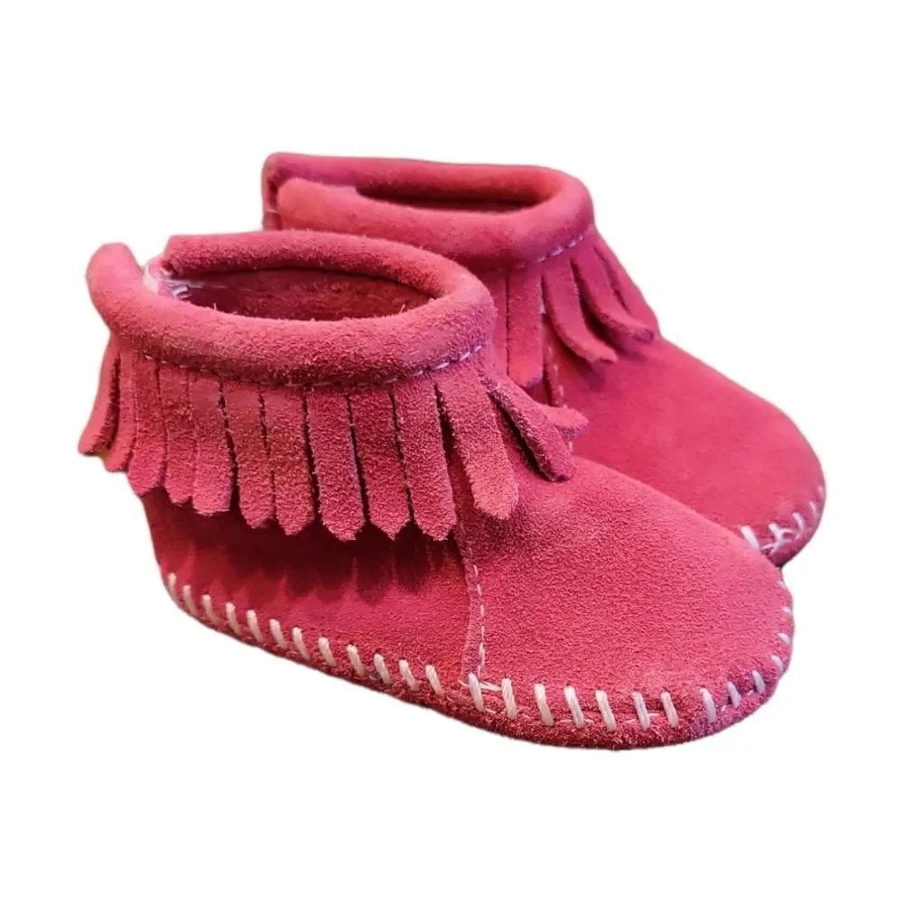 Minnetonka Fringe Moccasins Back Flap Bootie Hot Pink 1